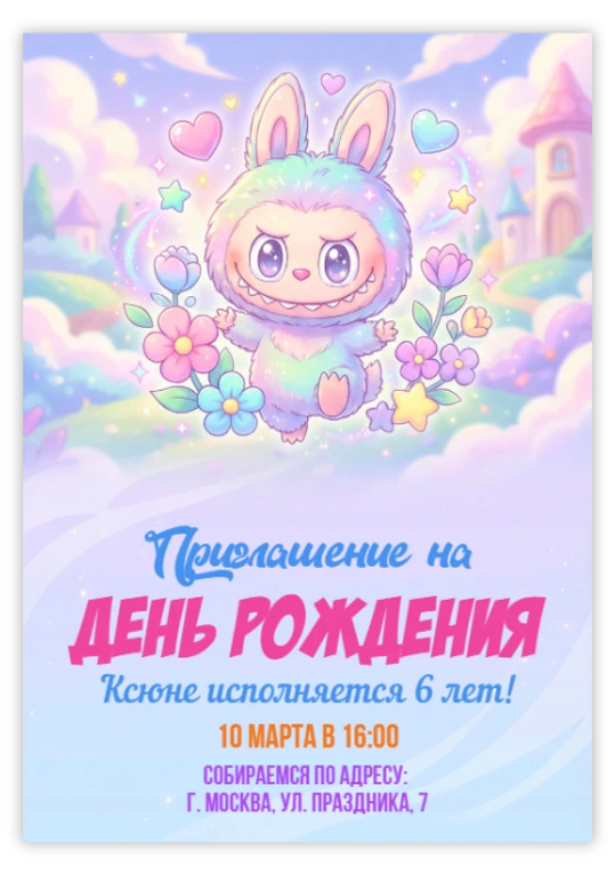 Приглашение на день рождения в стиле милых монстриков и фэнтези