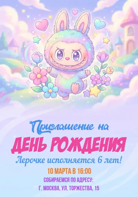 Приглашение на день рождения в стиле милых монстриков и фэнтези