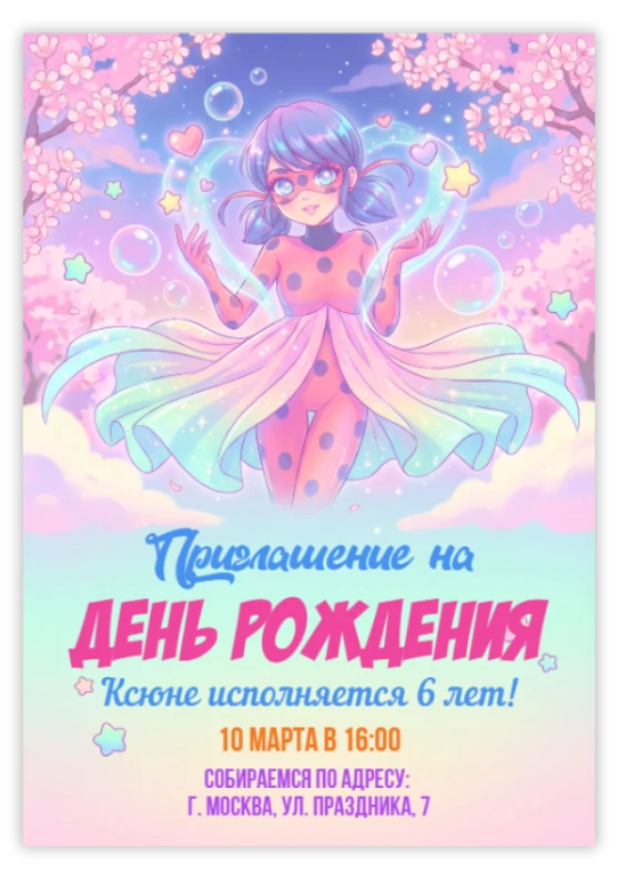 Приглашение на день рождения в стиле Леди Баг