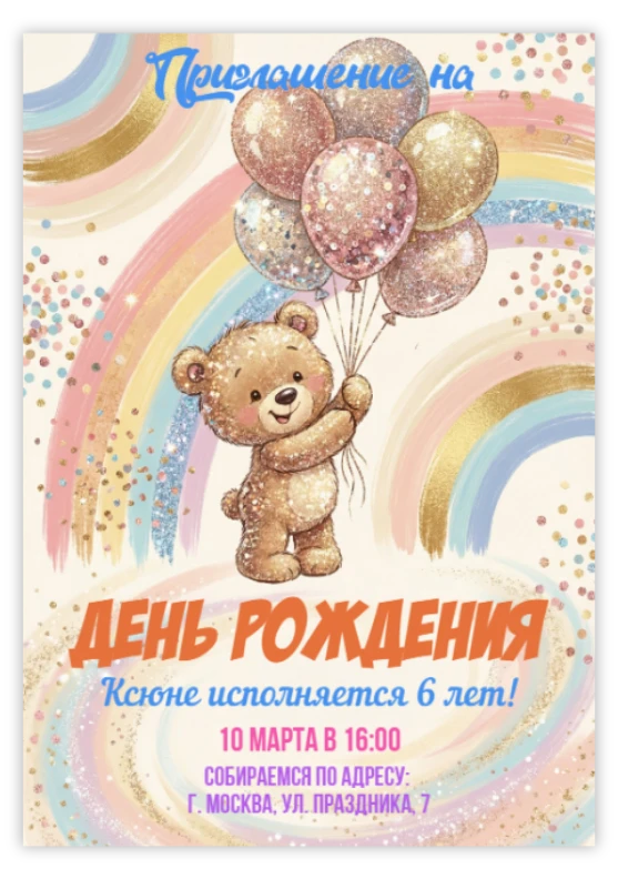 Приглашение на День Рождения с плюшевым мишкой и радугой