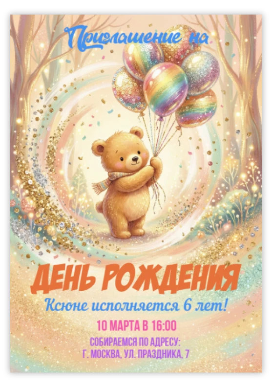 Приглашение на день рождения с плюшевым мишкой и радужными шарами