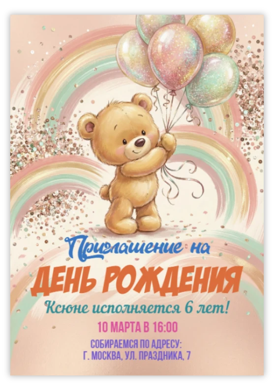 Приглашение на праздник с милым мишкой и радугой