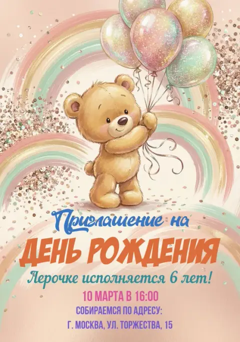 Приглашение на праздник с милым мишкой и радугой