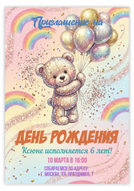 Приглашение на день рождения с сияющим мишкой и радугами