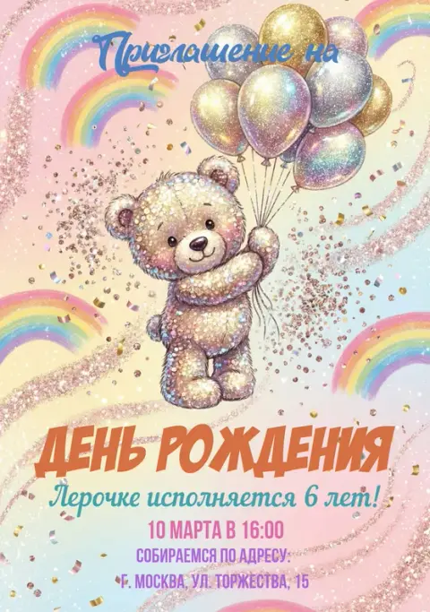 Приглашение на день рождения с сияющим мишкой и радугами