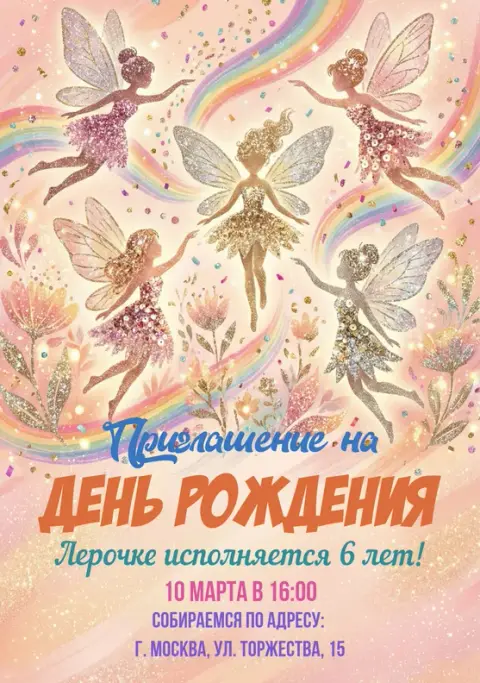 Приглашение на день рождения с феями и радугой