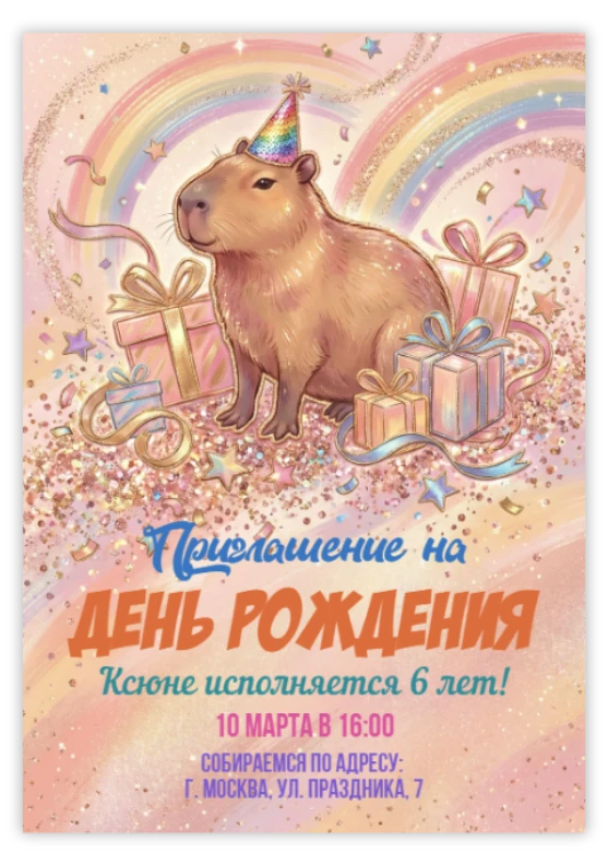 Приглашение на день рождения с капибарой и подарками