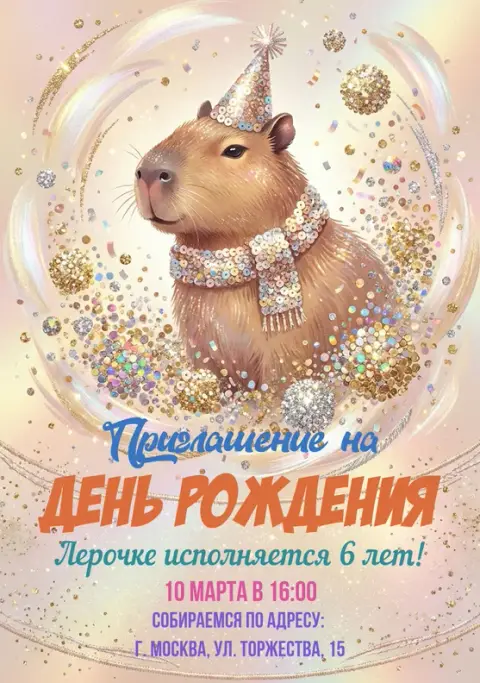 Приглашение на день рождения с милой капибарой и блестками