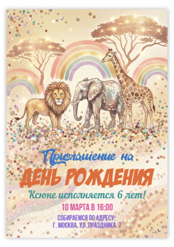 Приглашение на день рождения в стиле золотой саванны с животными
