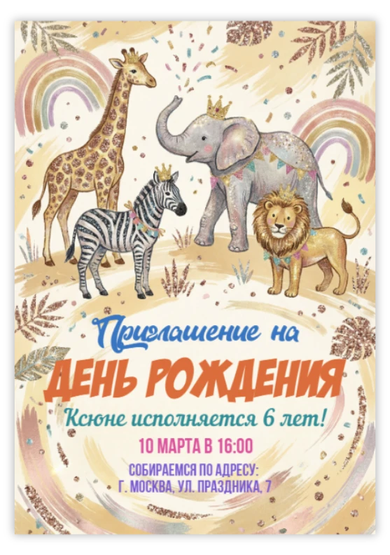 Приглашение на день рождения с животными в коронах