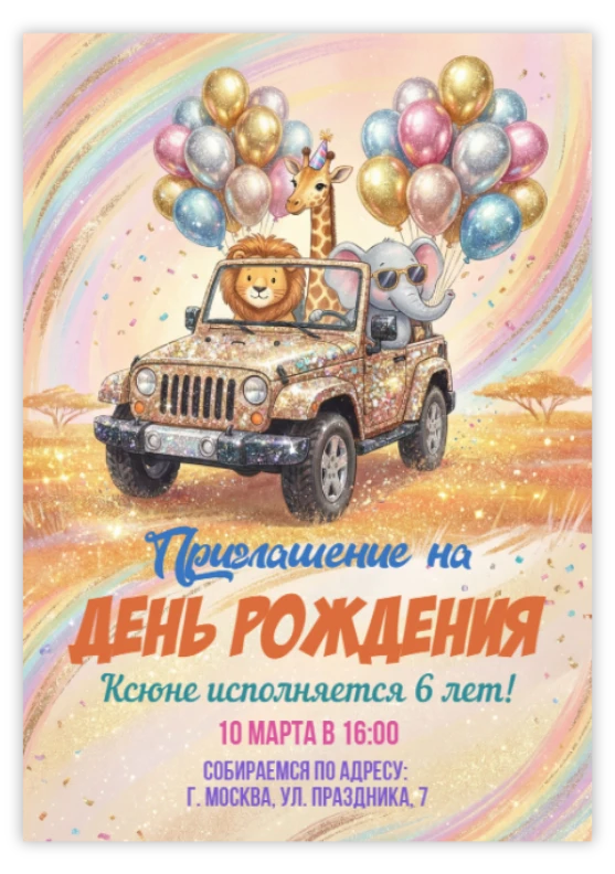 Приглашение на день рождения с животными и джипом