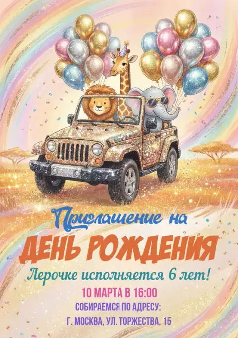 Приглашение на день рождения с животными и джипом