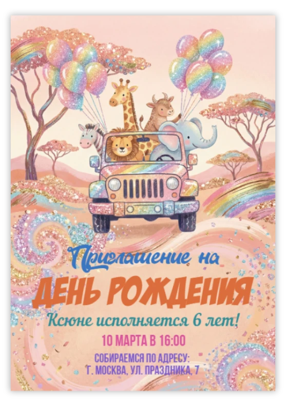 Приглашение на день рождения с животными и шарами
