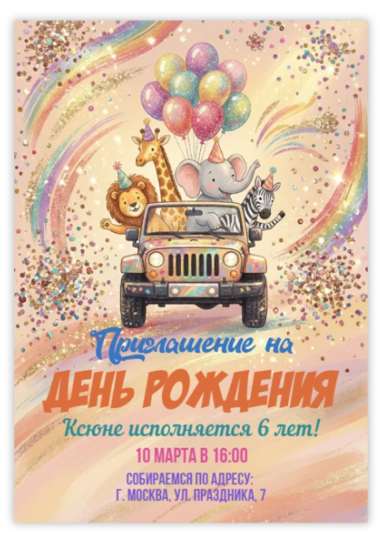 Приглашение на праздник с веселыми зверями в джипе