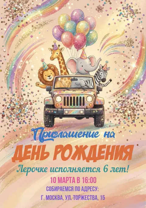Приглашение на праздник с веселыми зверями в джипе