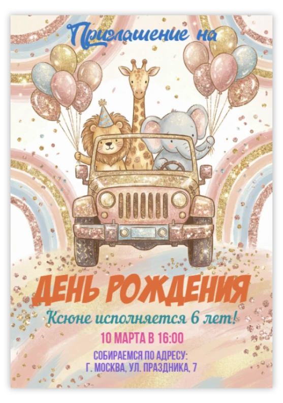 Приглашение на день рождения с животными на джипе и радугой
