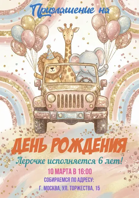 Приглашение на день рождения с животными на джипе и радугой