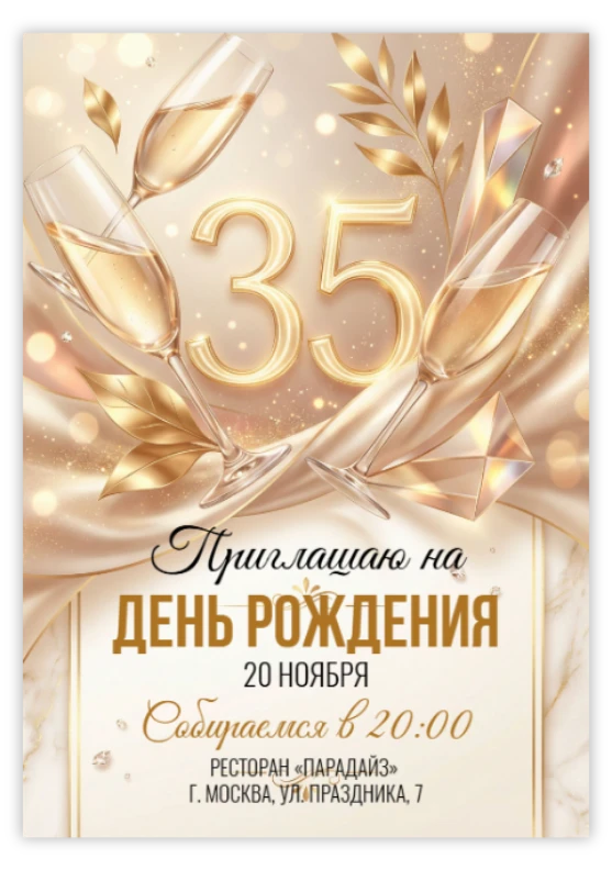 Приглашение на юбилей с шампанским и золотом
