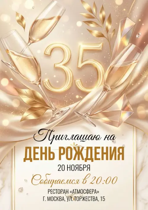 Приглашение на юбилей с шампанским и золотом
