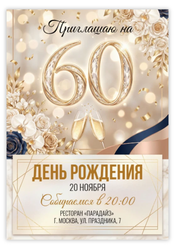 Приглашение на юбилей с бокалами шампанского и золотым декором