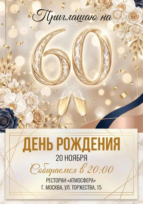 Приглашение на юбилей с бокалами шампанского и золотым декором