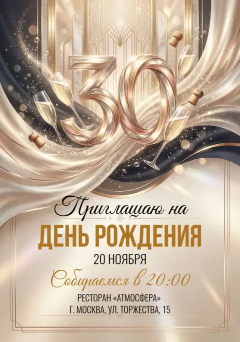 Приглашение на юбилей в стиле ар-деко с шампанским и золотом