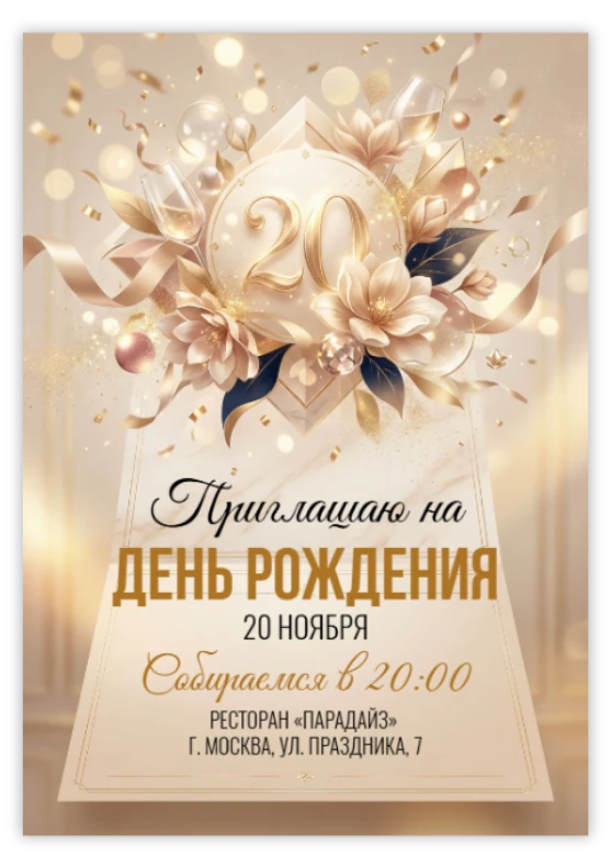 Приглашение на юбилей в золотых тонах с цветами