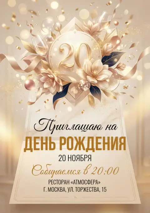 Приглашение на юбилей в золотых тонах с цветами