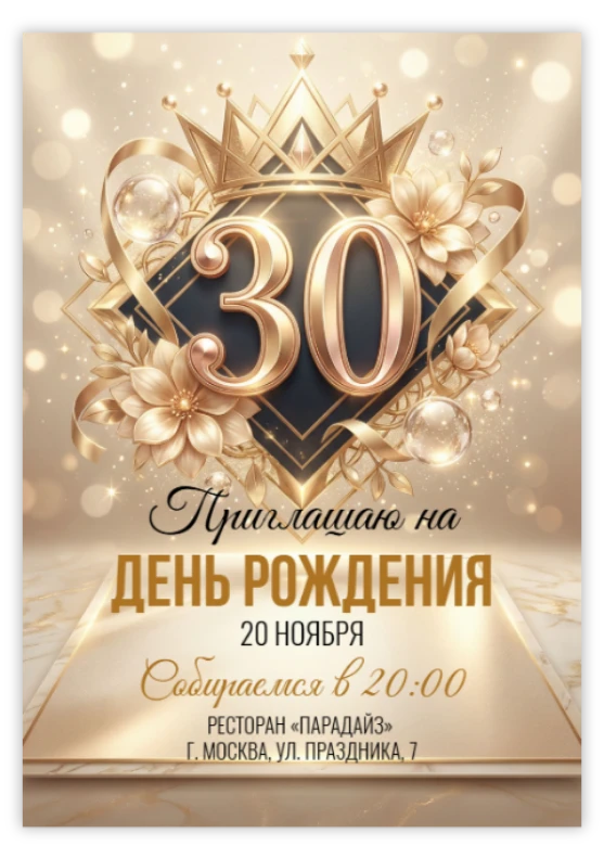 Приглашение на юбилей в золотой короне и цветах