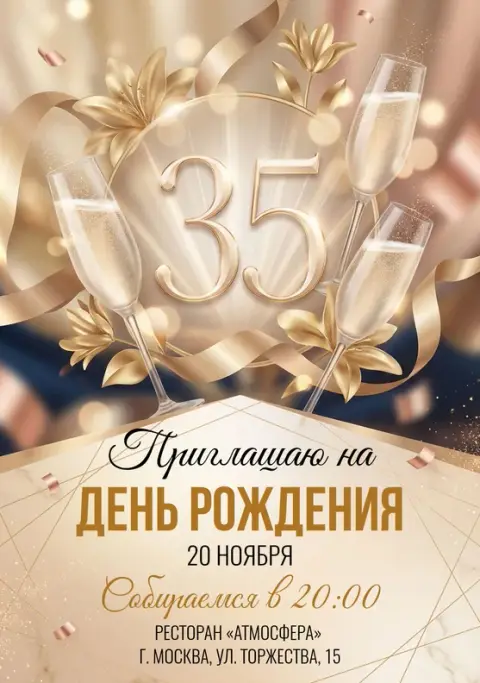 Приглашение на юбилей с шампанским и золотыми лентами