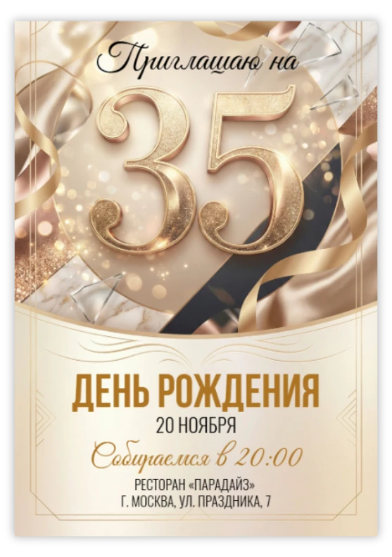 Приглашение на юбилей: роскошный золотой стиль с мерцающими деталями