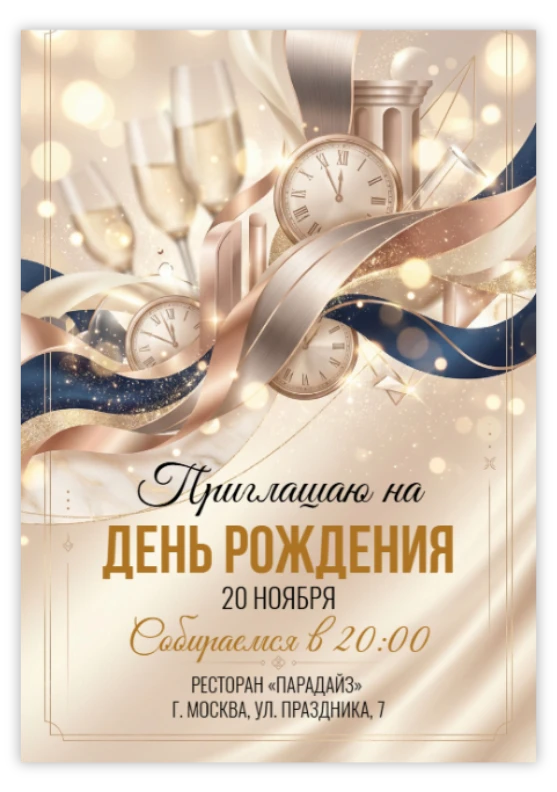 Приглашение на юбилей с шампанским и винтажными часами