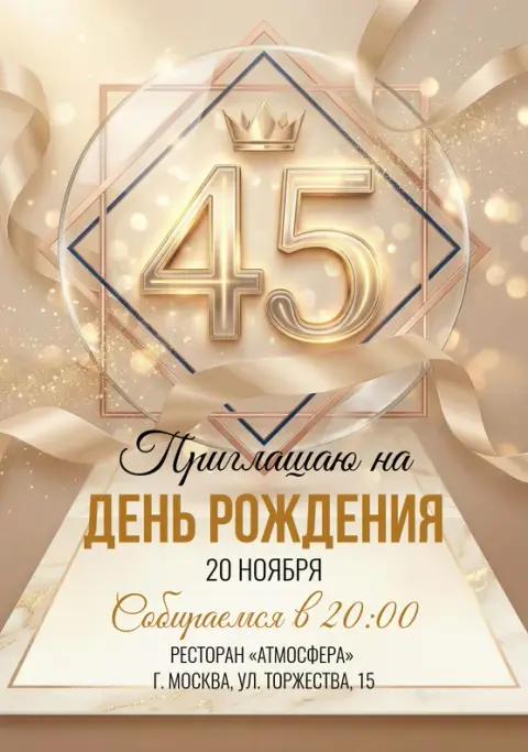 Приглашение на юбилей в золотых тонах с короной