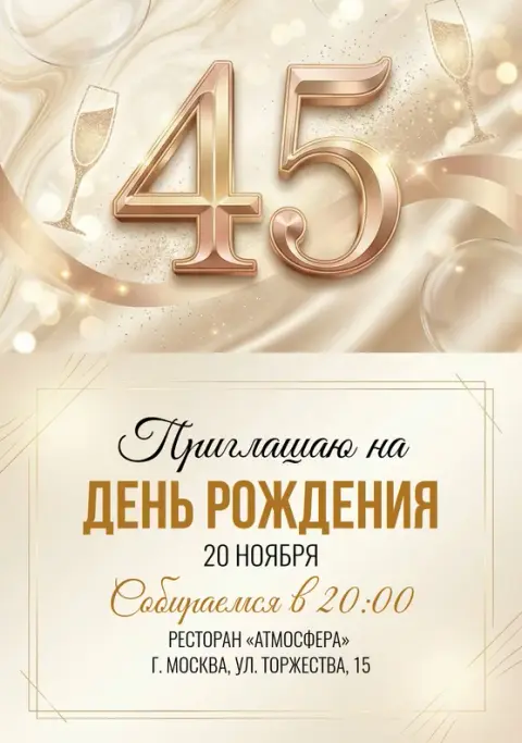 Приглашение на юбилей в сиянии шампанского и золота