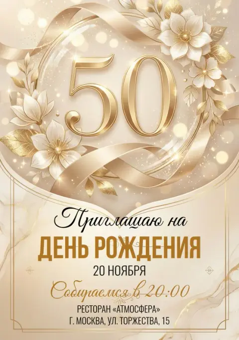 Приглашение на юбилей в золотых тонах с цветочными мотивами