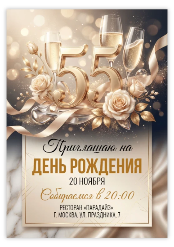Приглашение на юбилей в золотых розах и шампанском