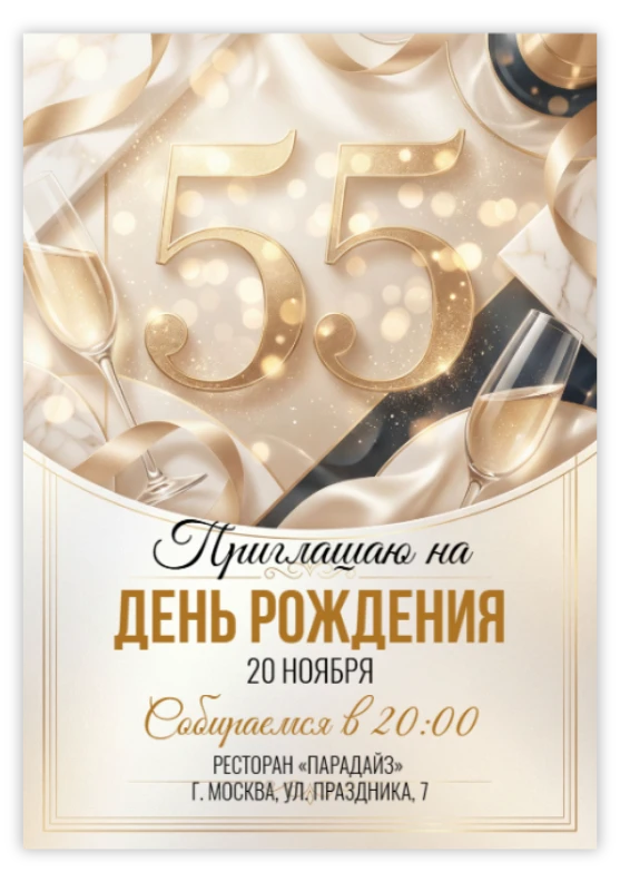 Приглашение на юбилей с искрящимися бокалами и золотой лентой