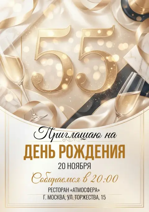 Приглашение на юбилей с искрящимися бокалами и золотой лентой