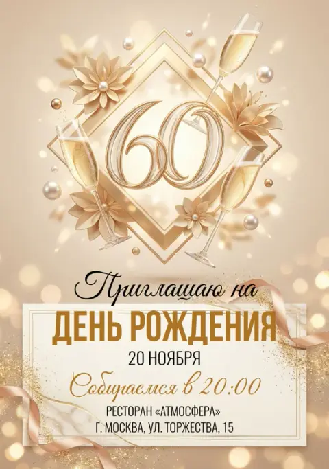Приглашение на юбилей в золоте с шампанским и цветами