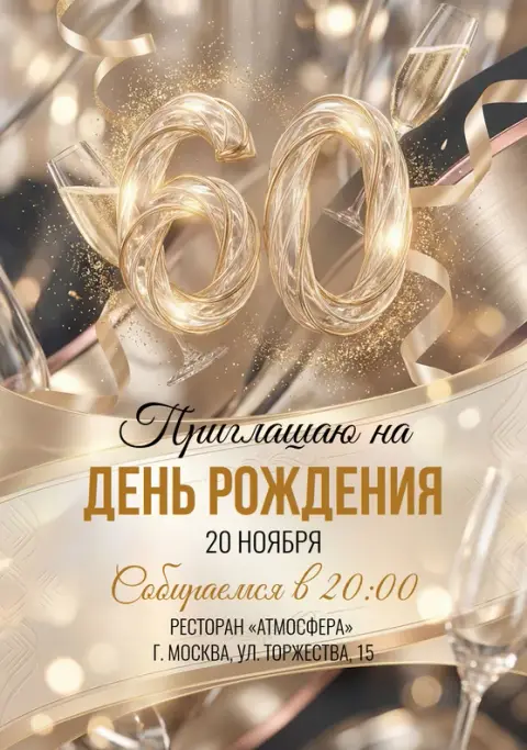 Приглашение на юбилей в золоте с шампанским и лентами