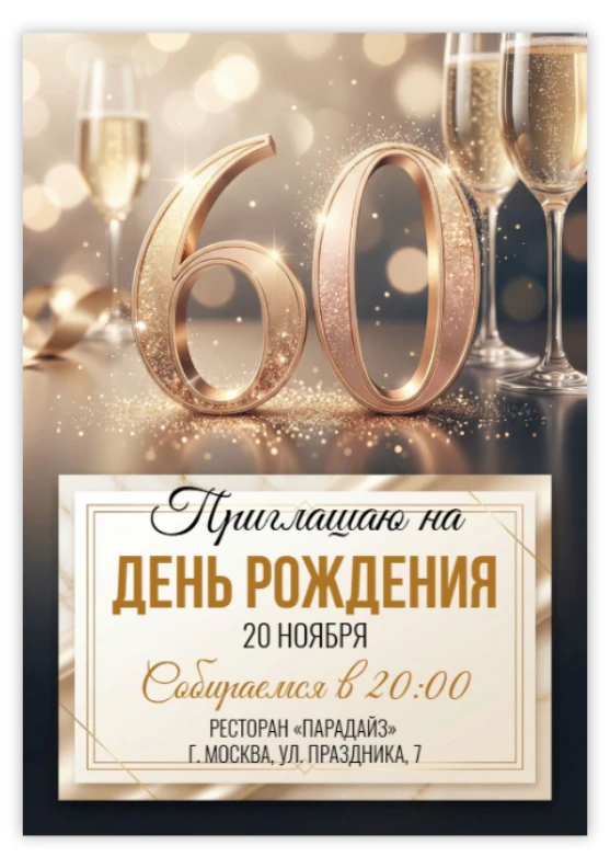 Приглашение на юбилей в золоте с мерцающими бокалами