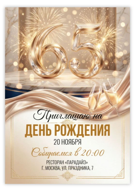Приглашение на юбилей в золотом сиянии с фейерверком