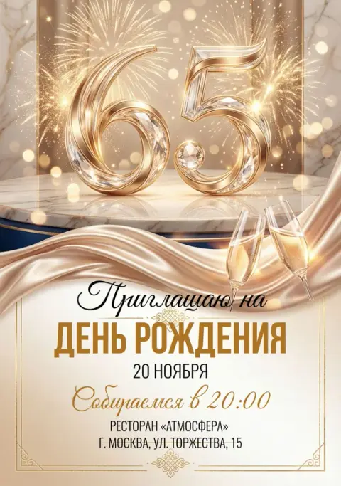 Приглашение на юбилей в золотом сиянии с фейерверком
