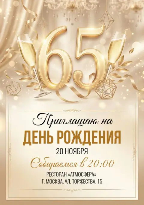 Приглашение на юбилей в сияющем золоте с шампанским