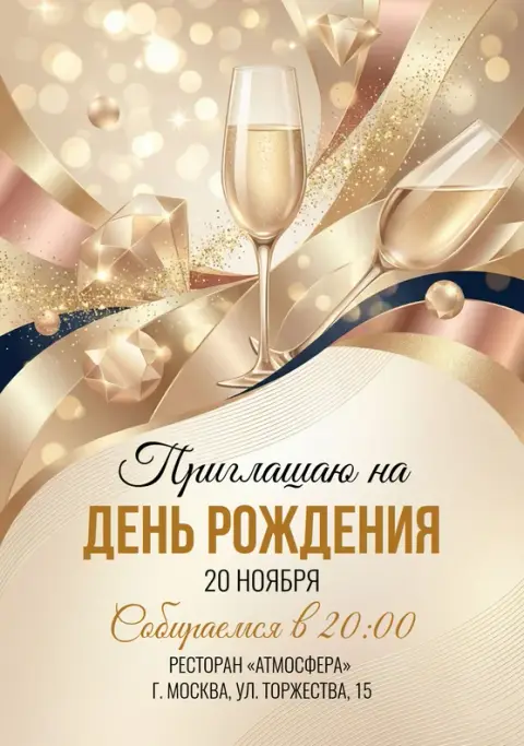Приглашение на юбилей в золоте с шампанским и бриллиантами