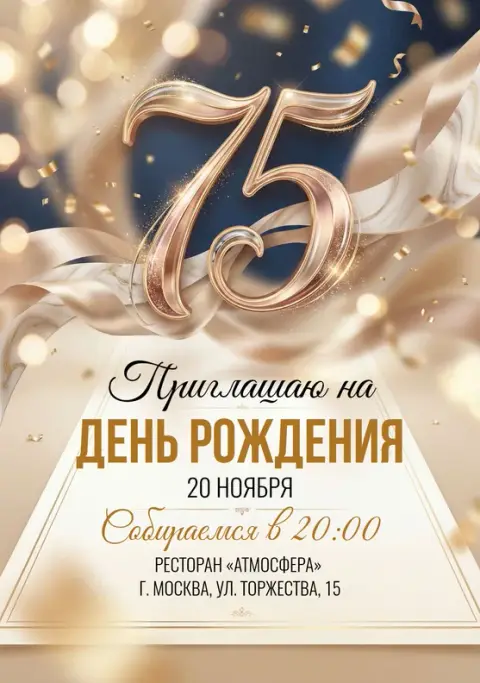 Приглашение на юбилей в золотых тонах с конфетти