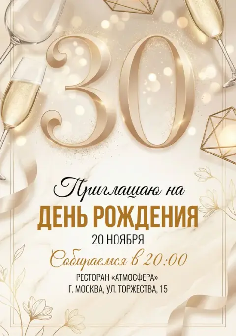 Приглашение на юбилей в золотом мерцании с шампанским