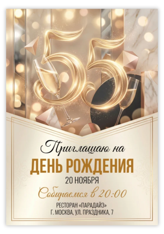 Приглашение на юбилей в золотых тонах с бокалами шампанского