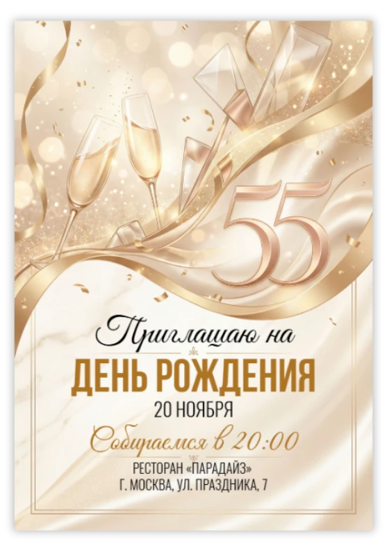 Приглашение на юбилей в золотом блеске с бокалами