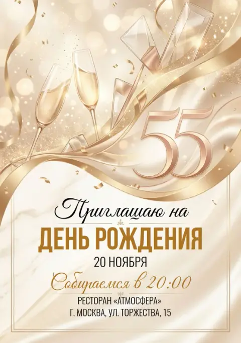 Приглашение на юбилей в золотом блеске с бокалами